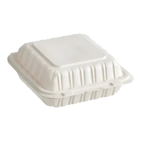 EatNOW White Mineral Clamshell 8 x 8 with 3 Compartment Take Out Food Container (150/case)