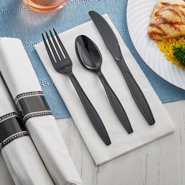 EatNOW White Pre-Rolled Linen-Feel Napkin and Black Heavy Weight Plastic Cutlery Set 17" x 17" (100/case)