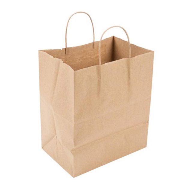 Brown paper bag with handles on a white background