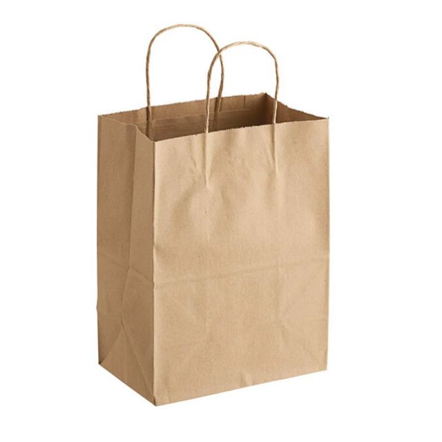 Brown paper bag with handles on a white background