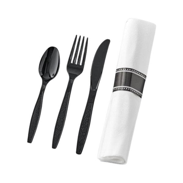 EatNOW White Pre-Rolled Linen-Feel Napkin and Black Heavy Weight Plastic Cutlery Set 17" x 17" (100/case)