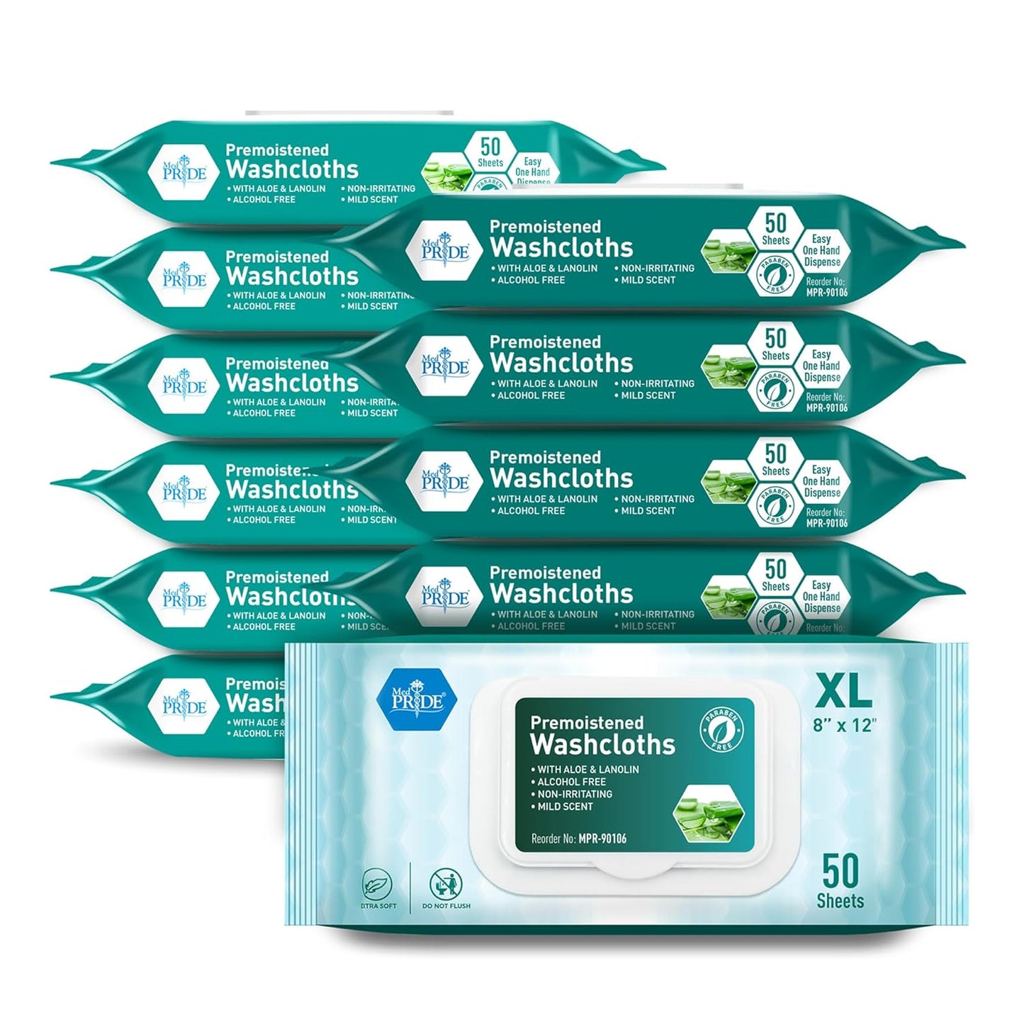 A case of MedPride disposable pre-moistened adult washcloths with aloe, in a green and white packaging, indicating a size of XL and a quantity of 50 sheets.