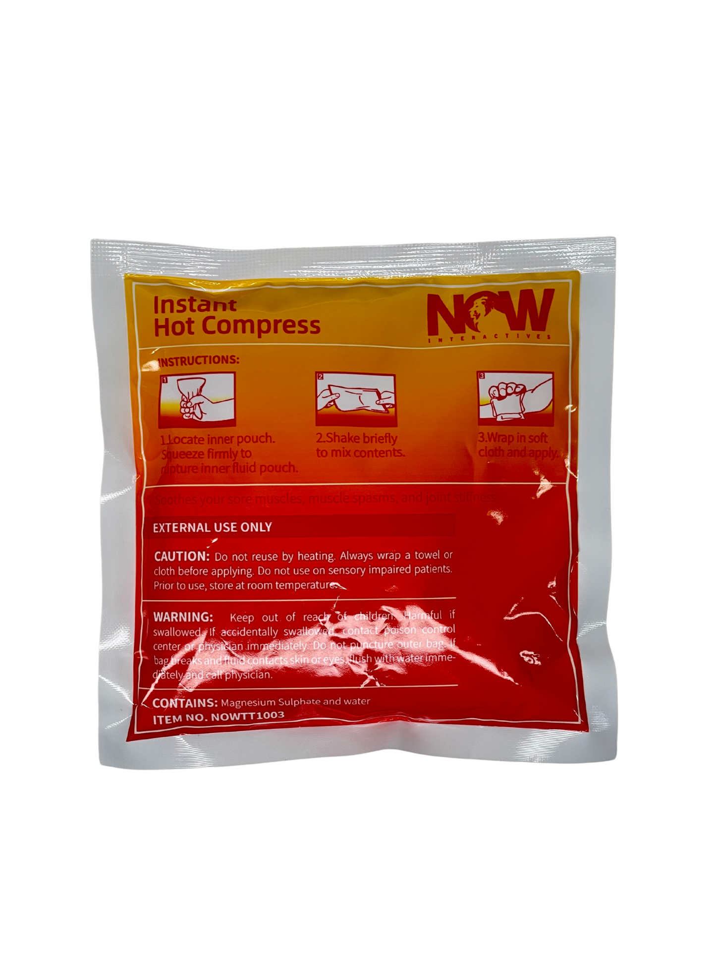 MediNOW Instant hot compress packaging with red and white design on a white background
