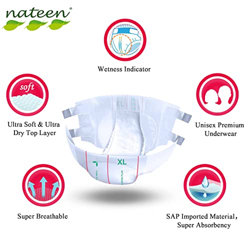 Nateen Combi Plus Adult Diapers,Unisex Disposable Incontinence Briefs with Tabs for Men and Women,Heavy Absorbency Diaper,Overnight Leak Protection