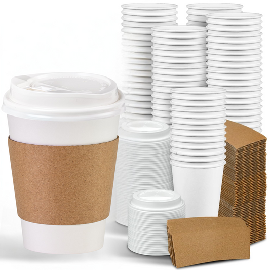 EatNOW Disposable Coffee Cups with Lids & Sleeves Bundle Kit