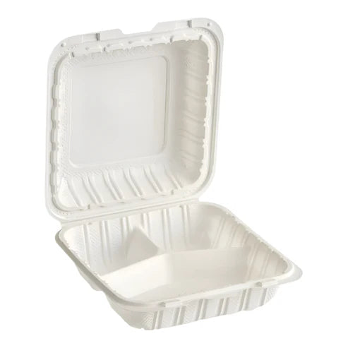 EatNOW White Mineral Clamshell 8 x 8 with 3 Compartment Take Out Food Container (150/case)