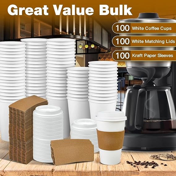 EatNOW [100 pack] 8 oz Disposable Coffee Cups with Lids, Sleeves, Leak-Proof To Go Coffee Cups with Lids, Durable Paper Cups for Hot Beverage, Home, Office, Party (Cups/Lids/Sleeves/Bundle)