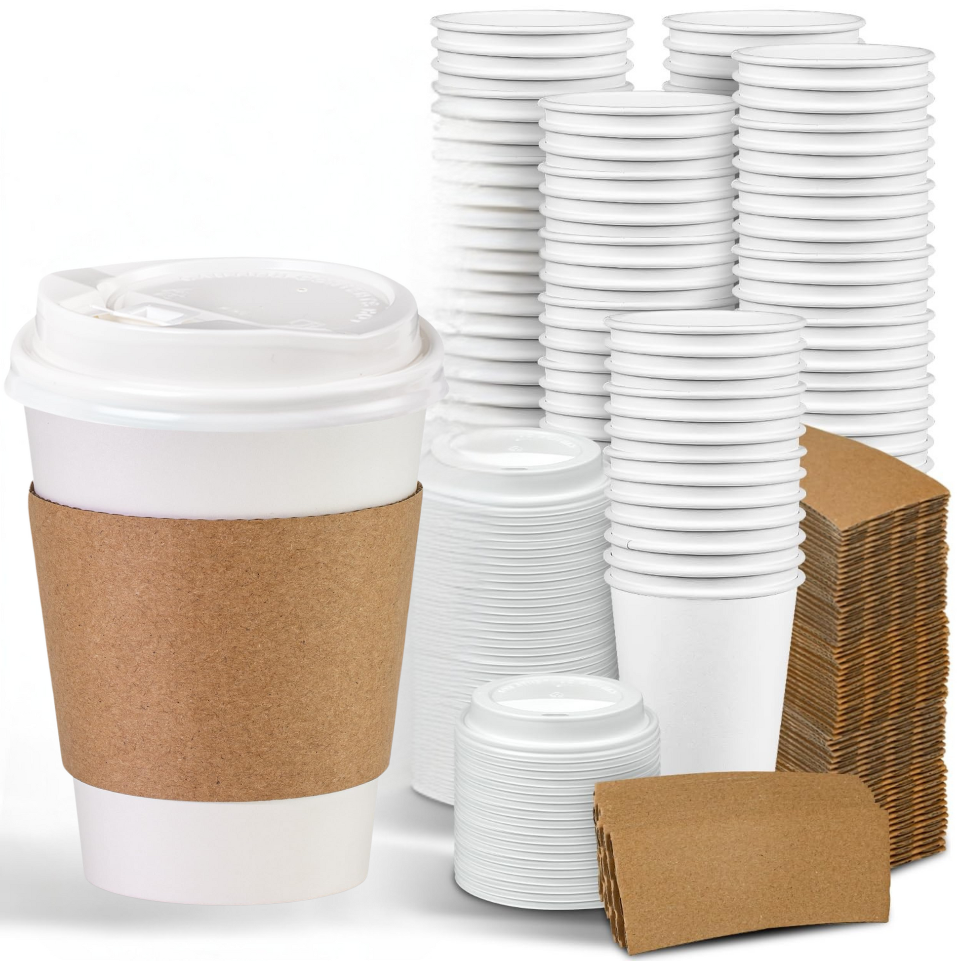 White disposable cups with brown sleeves and white lids on a white background