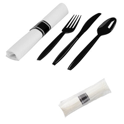 EatNOW White Pre-Rolled Linen-Feel Napkin and Black Heavy Weight Plastic Cutlery Set 17" x 17" (100/case)