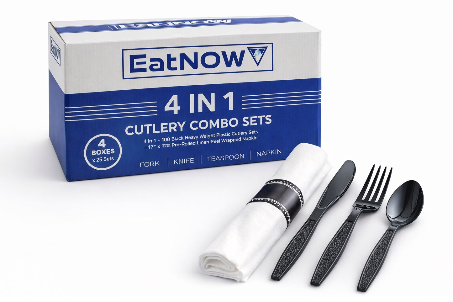 EatNOW White Pre-Rolled Linen-Feel Napkin and Black Heavy Weight Plastic Cutlery Set 17" x 17" (100/case)