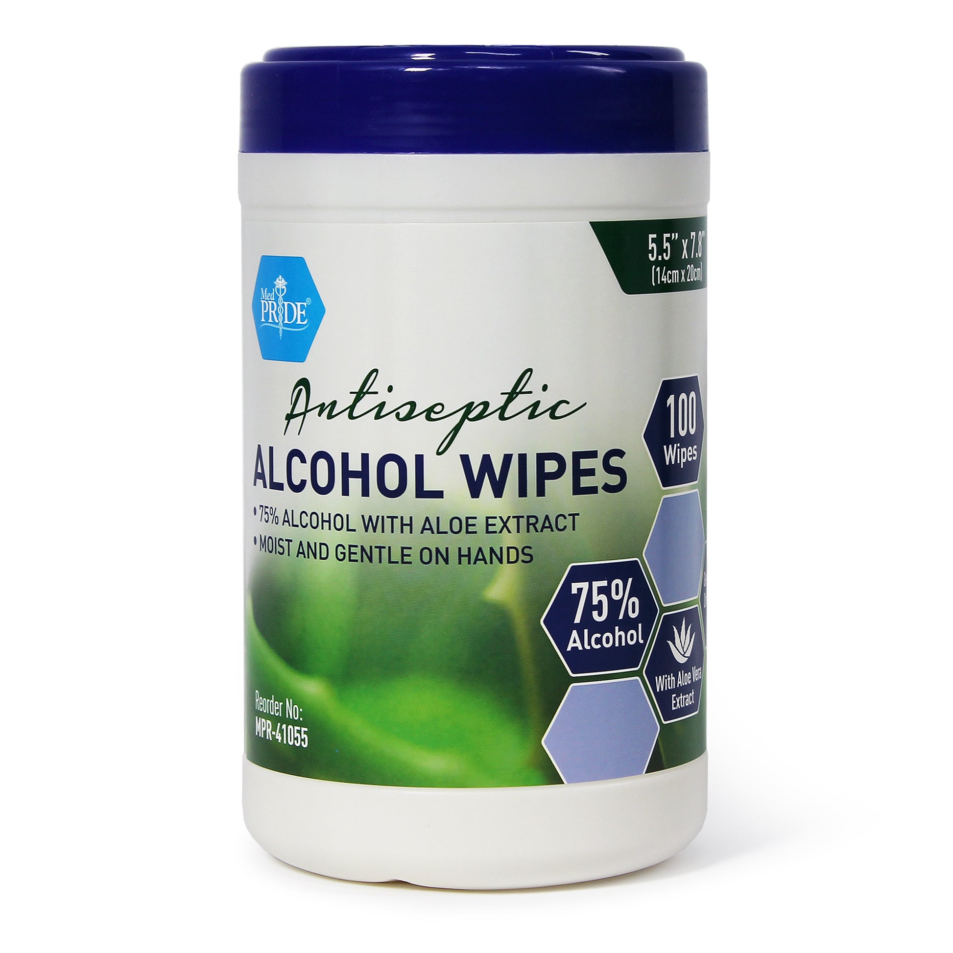 A canister of MedPride alcohol wipes with 75% alcohol and aloe extract, containing 100 wipes.