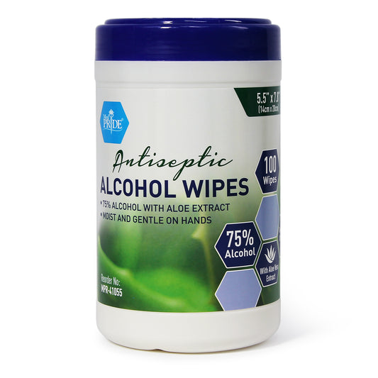 A canister of MedPride alcohol wipes with 75% alcohol and aloe extract, containing 100 wipes.