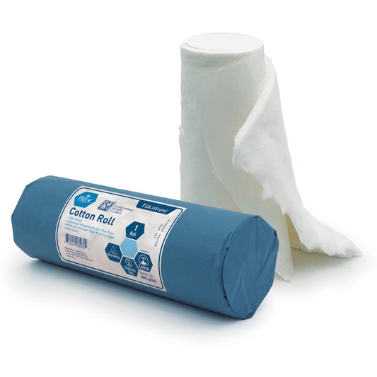 A blue cotton roll with a label and a piece of white interlayer paper partially unrolled, indicating the product is individually wrapped.