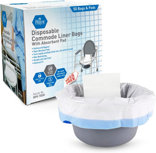 Package of MedPride disposable commode liner bags with one bag displayed in front of the box, highlighting its absorbent features.