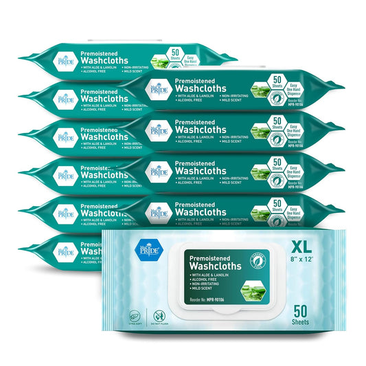 A case of MedPride disposable pre-moistened adult washcloths with aloe, in a green and white packaging, indicating a size of XL and a quantity of 50 sheets.