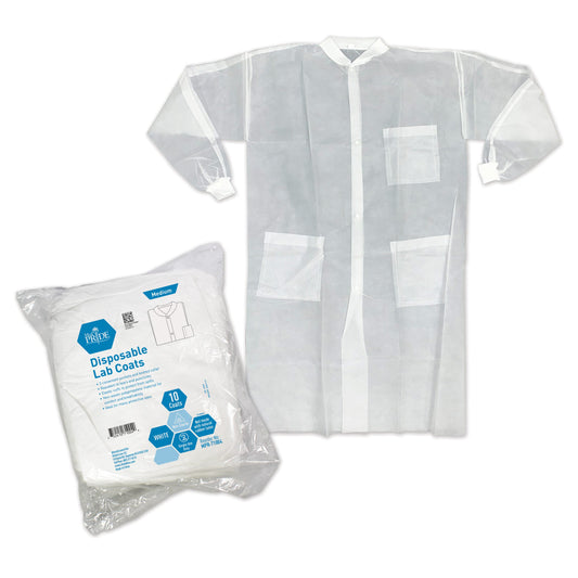 A pack of MedPride disposable white lab coats with a knitted collar and elastic cuffs, shown in a clear plastic packaging with a blue label.