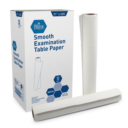 A roll of MedPride smooth examination table paper next to its packaging, indicating the paper is 21 inches wide.