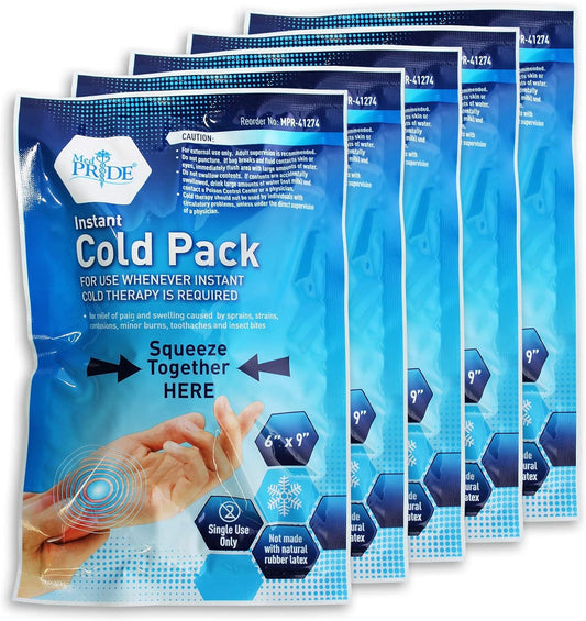 A case of 24 MedPride Instant Cold Packs, each measuring 6 inches by 9 inches, designed for pain relief and reducing swelling.