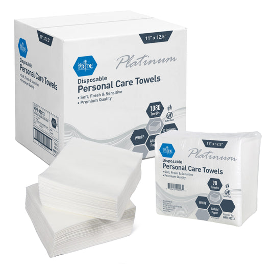 A pack of MedPride personal care towels, with one towel displayed in front of the box and another towel beside it. The box is labeled 'Platinum Personal Care Towels' and has product information on it.