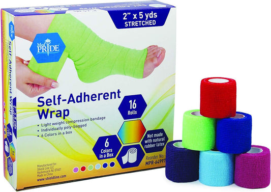 Box of MedPride Self-Adhesive Bandage Wraps with multiple rolls displayed in front of the box, which is adorned with the brand logo and images of the bandage in use on human limbs. The box indicates the product is a set of 16 rolls, each measuring 2''x 5 yds, and comes in 6 colors: light green, red, dark blue, and purple.