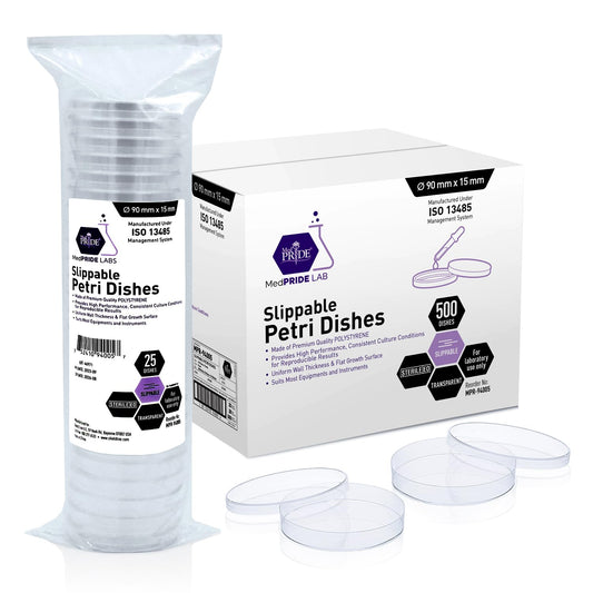 A pack of MedPride Slippable Petri Dishes with lids, displayed alongside a few clear petri dishes stacked outside the packaging box. The box is labeled with the product name and quantity (200 pieces).