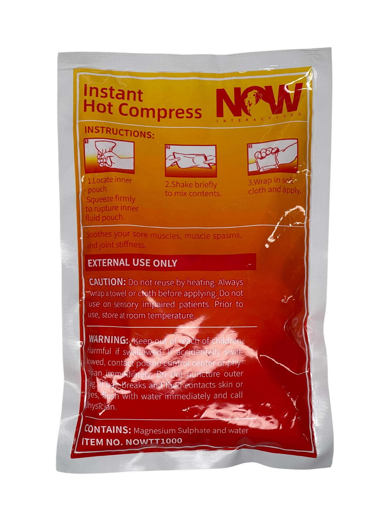 MediNOW Instant hot compress packaging with instructions and warnings on a white background