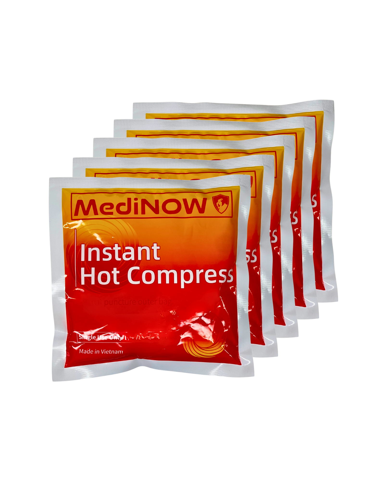 MediNOW Instant hot compress packaging with red and white design on a white background