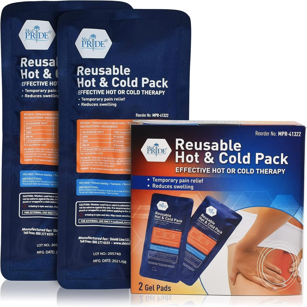 A case of two Medpride reusable hot and cold packs with blue and orange branding, designed for pain relief and muscle recovery.