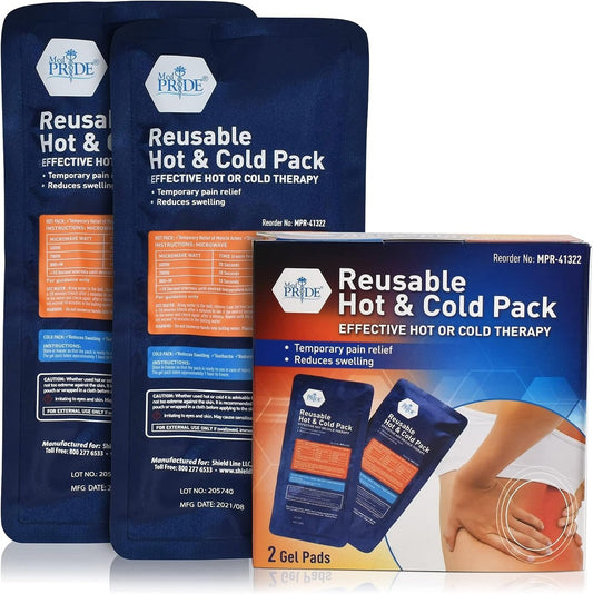A case of two Medpride reusable hot and cold packs with blue and orange branding, designed for pain relief and muscle recovery.
