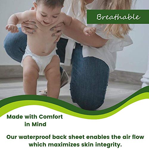 Baby in a diaper being helped by an adult with text about breathable and comfortable waterproof back sheet.