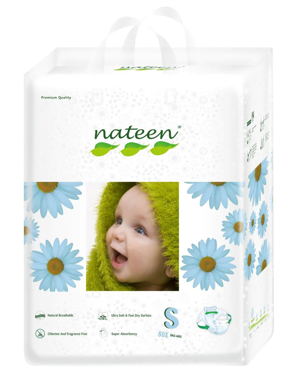 Package of nateen diapers with a baby's face on the label