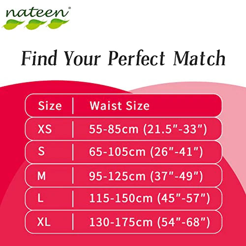Size chart for waist measurements with nateen branding on a red background