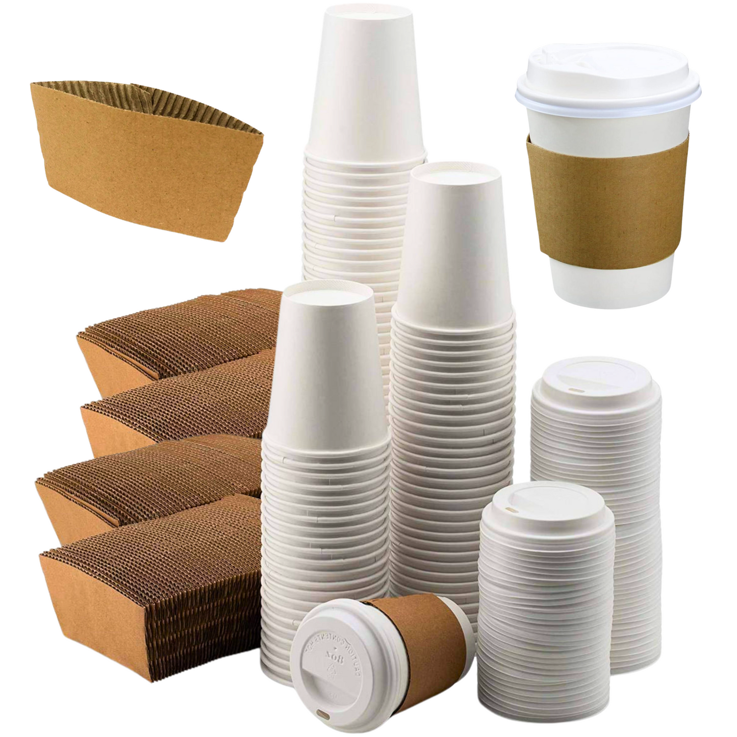 EatNOW [100 pack] 8 oz Disposable Coffee Cups with Lids, Sleeves, Leak-Proof To Go Coffee Cups with Lids, Durable Paper Cups for Hot Beverage, Home, Office, Party (Cups/Lids/Sleeves/Bundle)