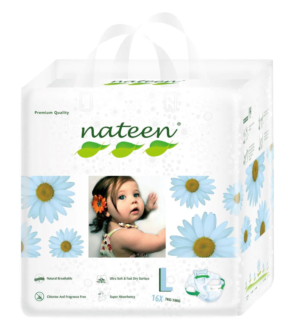 Box of nateen diapers with a baby photo and floral design on a white background