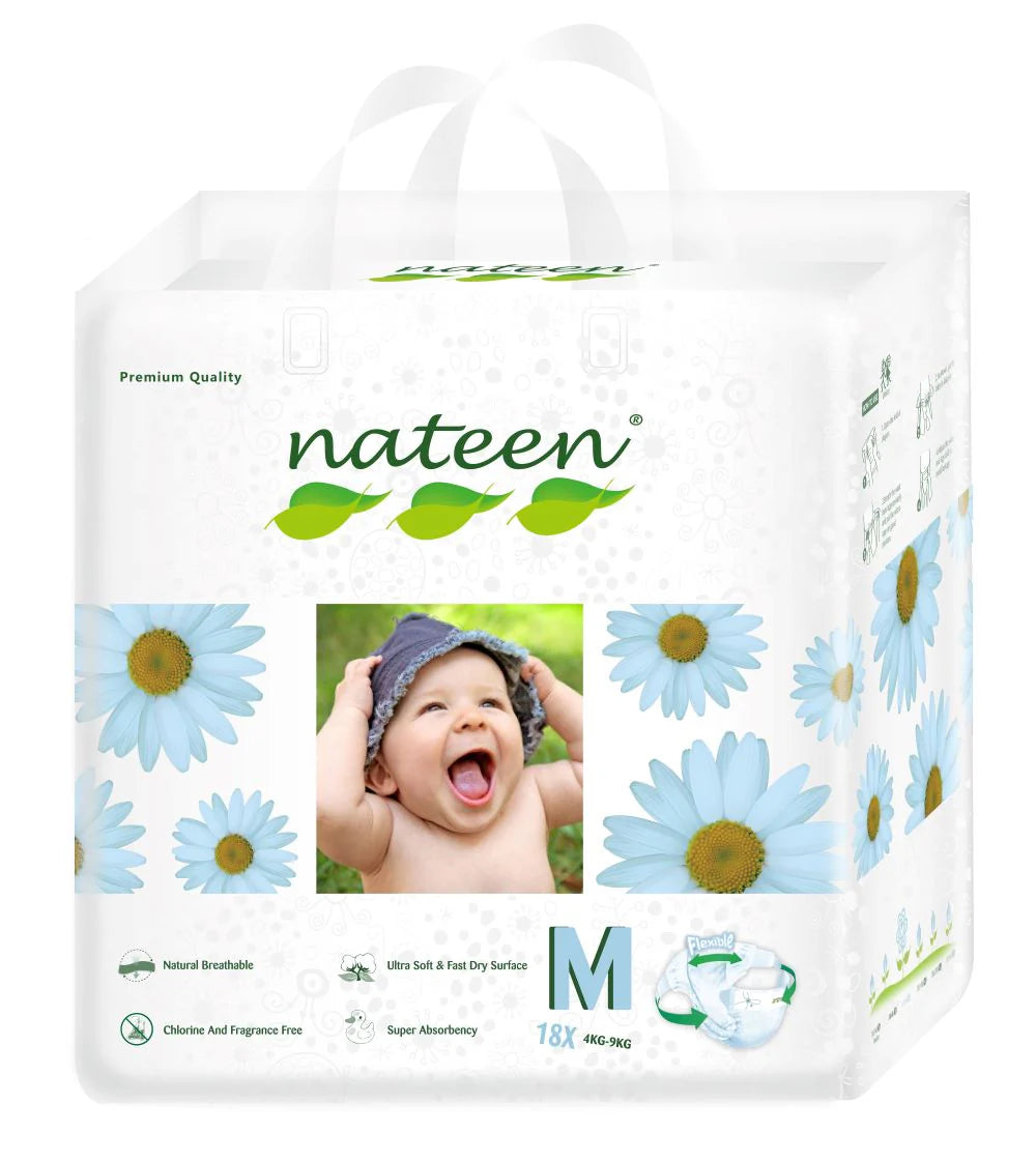 Package of nateen baby diapers with a baby photo and floral design on a white background